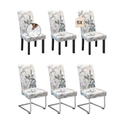6er Set Stuhlhussen Grau Blätter-Muster – Stretch & Waschbar