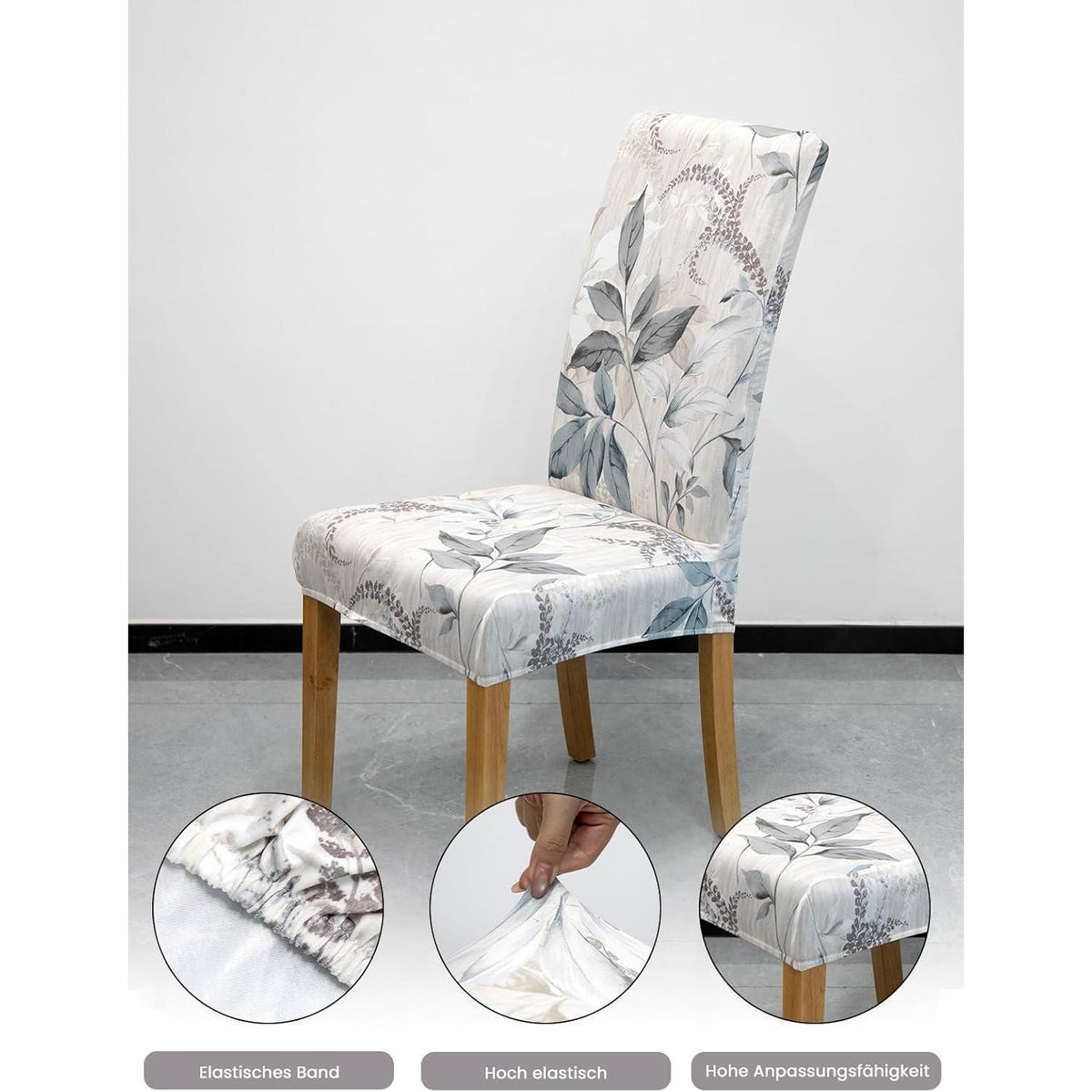 6er Set Stuhlhussen Grau Blätter-Muster – Stretch & Waschbar