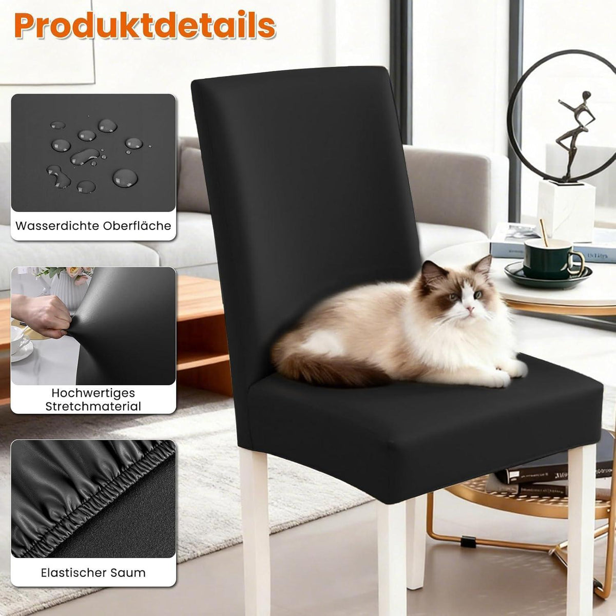 PU Stuhlhülsen 6er Set – Schwarz, Wasserabweisend & Elastisch