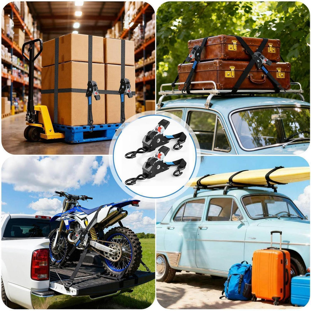 Selbstaufrollende Spanngurte 3m – 4er Set für Anhänger & Motorrad