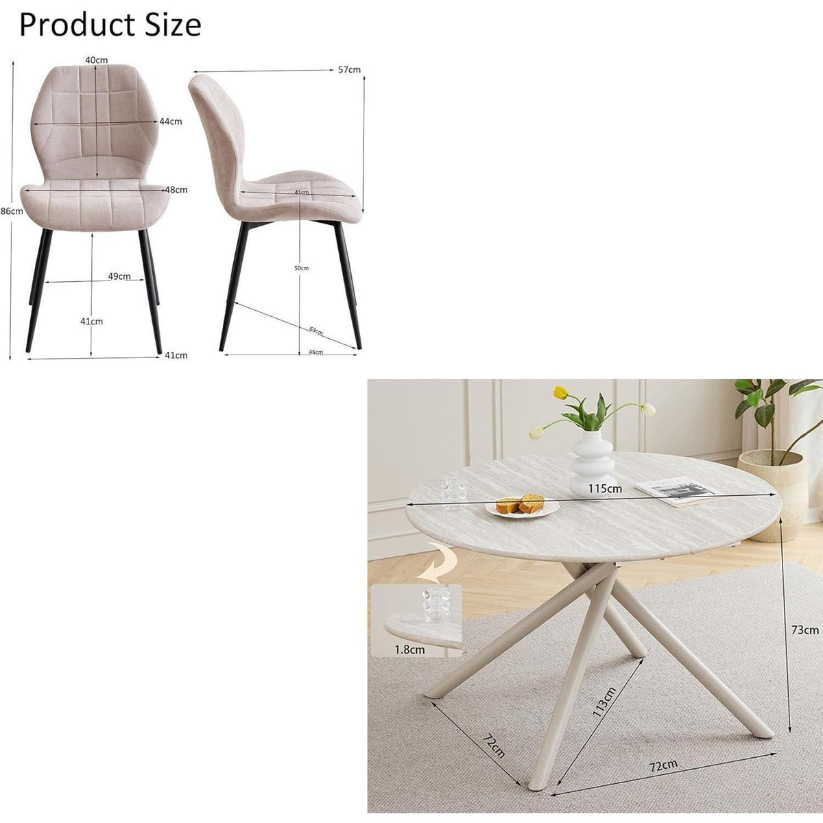 Runde Essgruppe Holzgrau & Beige | Esstisch 115cm + 4 Stühle
