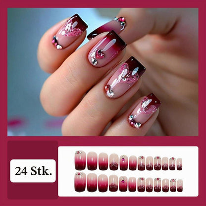 Künstliche Nägel Rot French Tips kurz quadratisch mit Herz-Strass