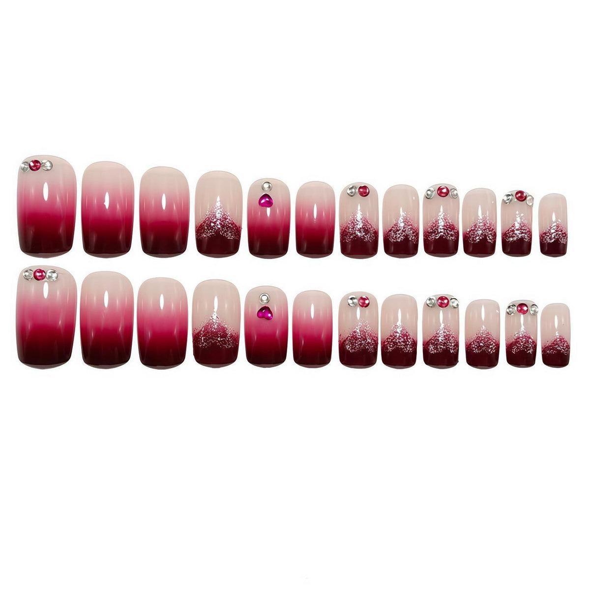 Künstliche Nägel Rot French Tips kurz quadratisch mit Herz-Strass