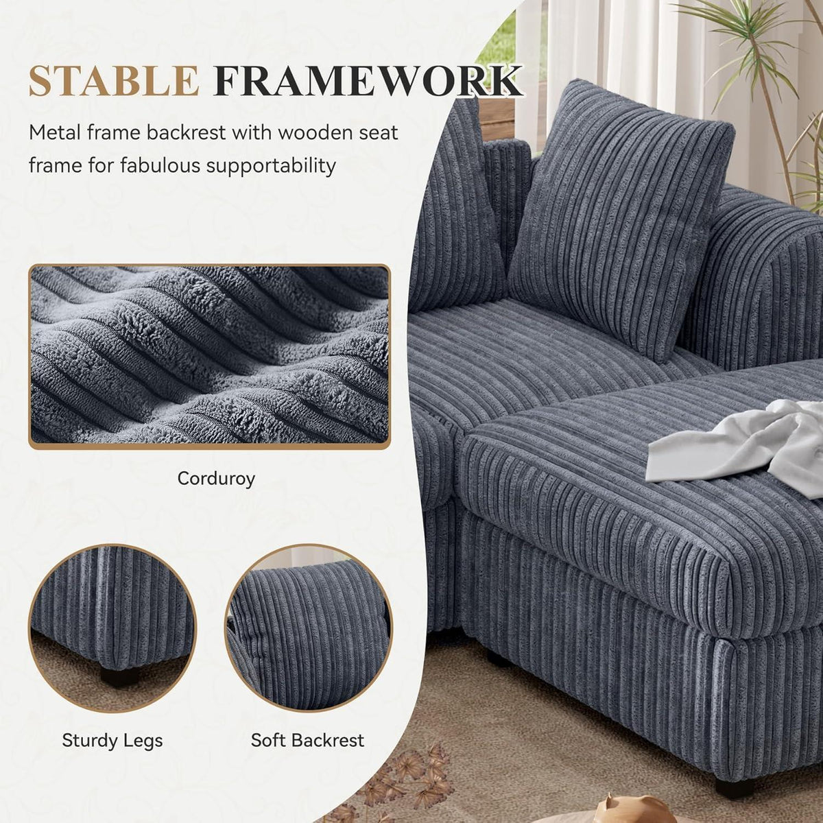 Ecksofa mit Schlaffunktion 212x150 cm, Grau Cordstoff