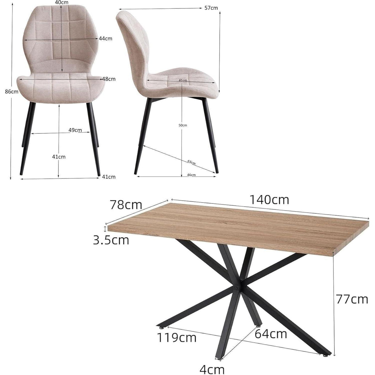 Essgruppe Holz 140x78cm mit 4 beigen Stühlen