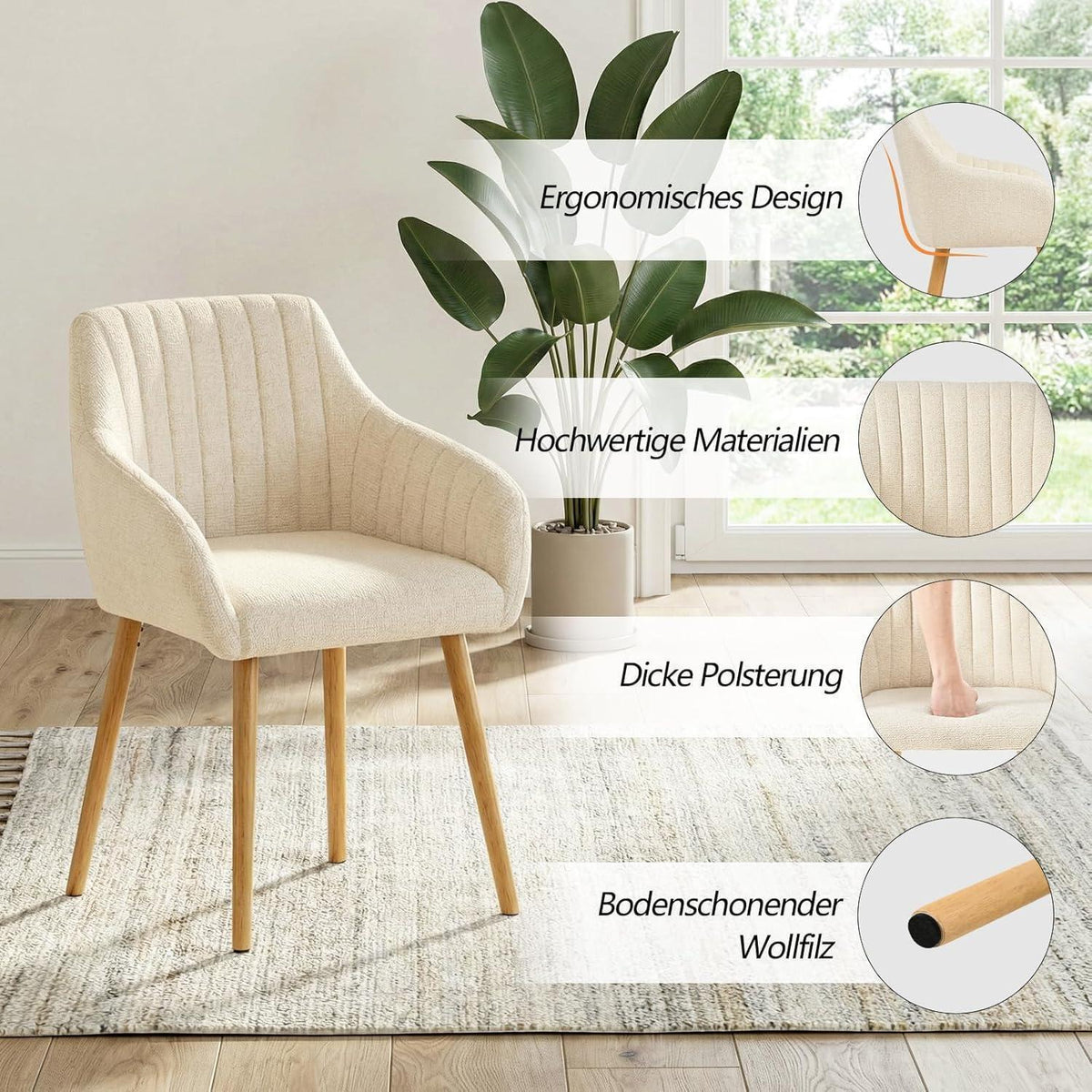 Esszimmerstühle Set 2 beige Holzbeine mit Armlehne & Samt