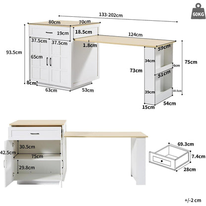 Ausziehbarer Bartisch Weiß mit Stauraum & Schubladen (133-202cm)