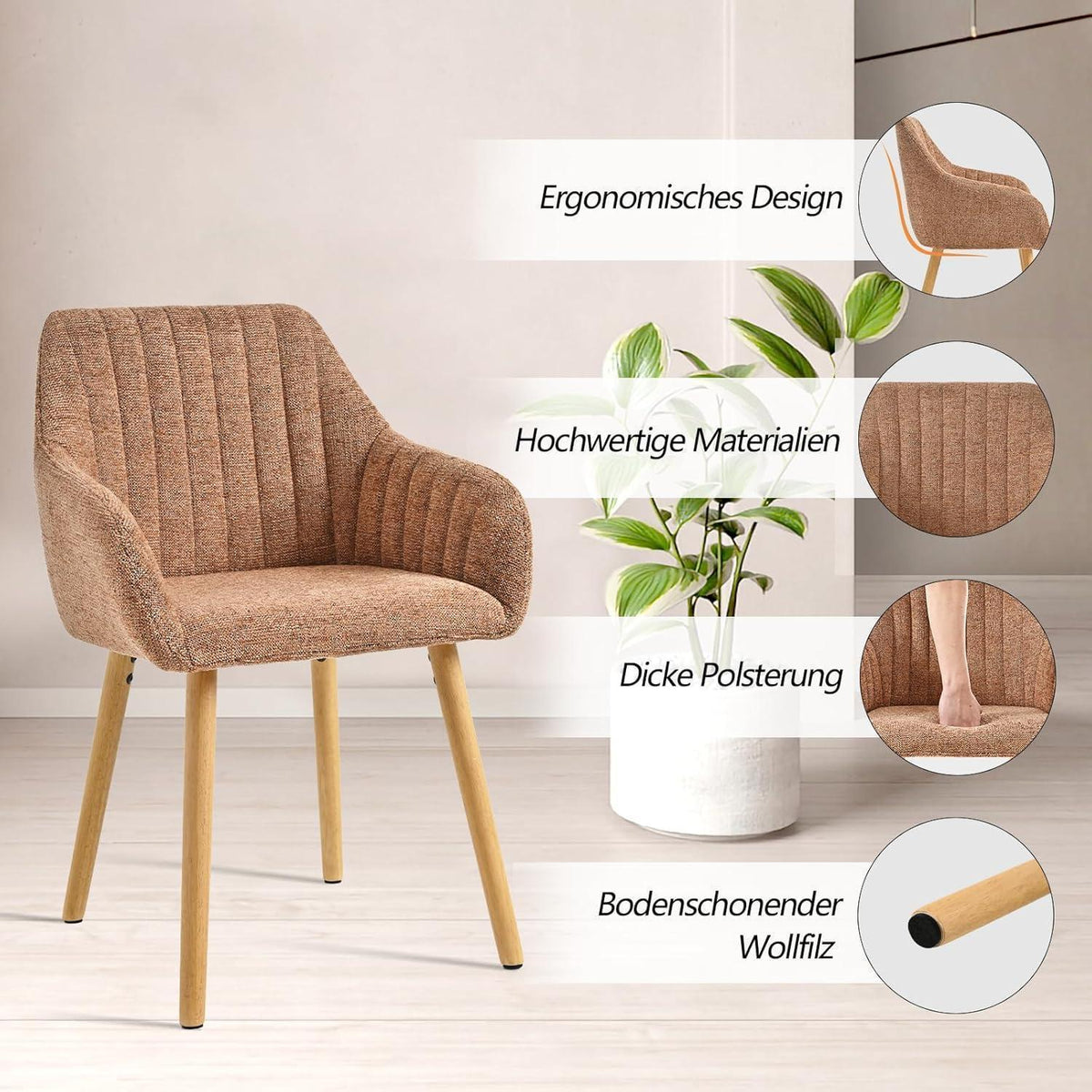 Esszimmerstühle Set 2 beige Holzbeine mit Armlehne