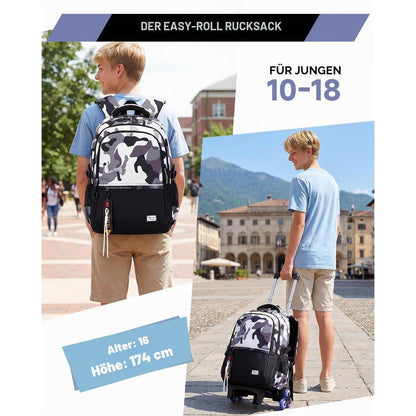 Schultrolley mit Rollen Jungen Grau-Tarn, Höhenverstellbar