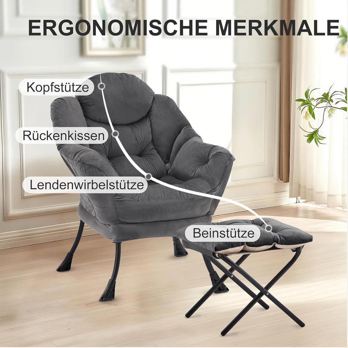 Lazy Chair mit Ottomane – Dunkelgrau, Bequemer Ohrensessel