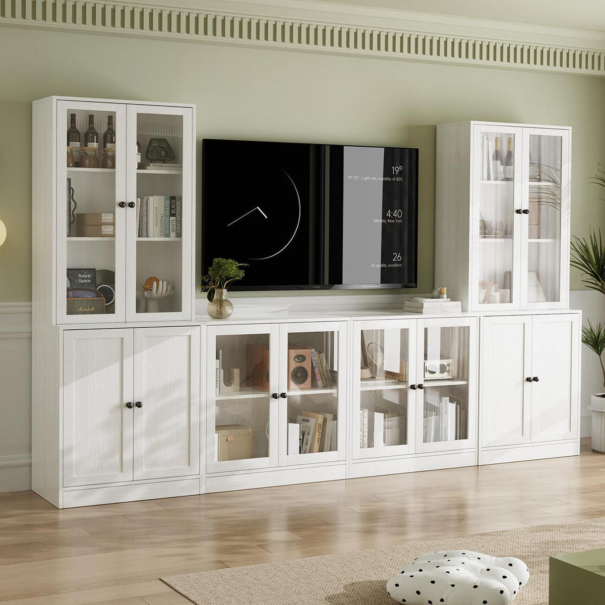 Großer TV-Schrank mit Bücherregalen & Glastüren (280cm, Weiß)