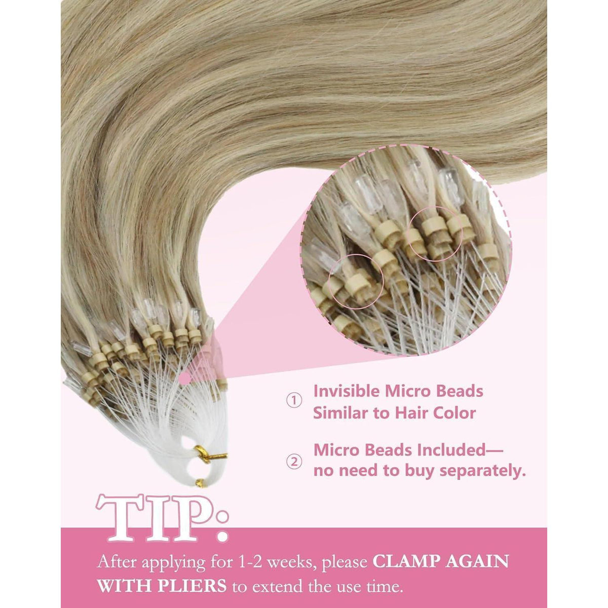 Blond Microring Extensions Echthaar 55cm – Aschblond Highlights
