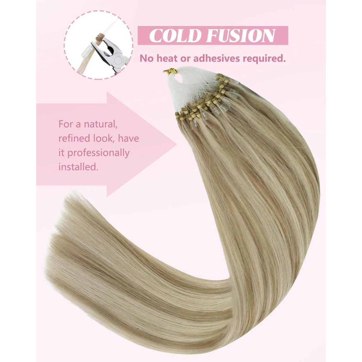Blond Microring Extensions Echthaar 55cm – Aschblond Highlights