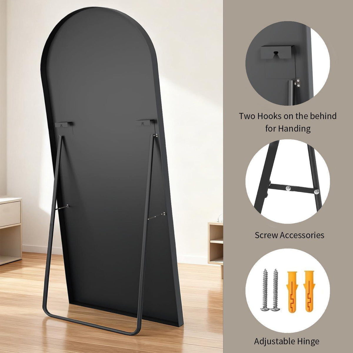 Großer Bogen Standspiegel 181x76 cm – Gehärtetes Glas, Schwarz