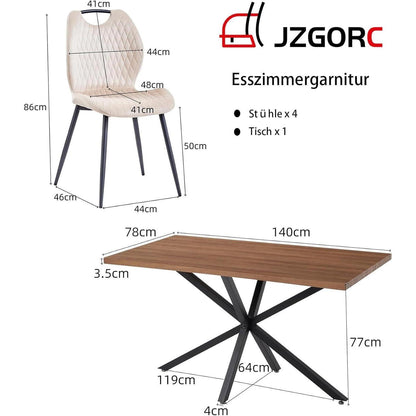 Esstisch Set 140x78cm Holz & 4 Esszimmerstühle Beige/Dunkelbraun