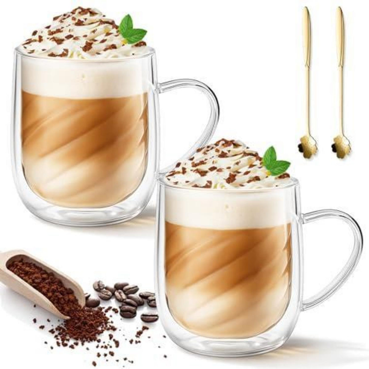 4er Set Doppelwandige Kaffeegläser mit Löffeln – 350ml