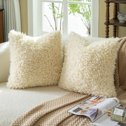 2er Set Kissenbezüge 45x45 cm Cremegelb Faux Pelz Bouclé Sherpa