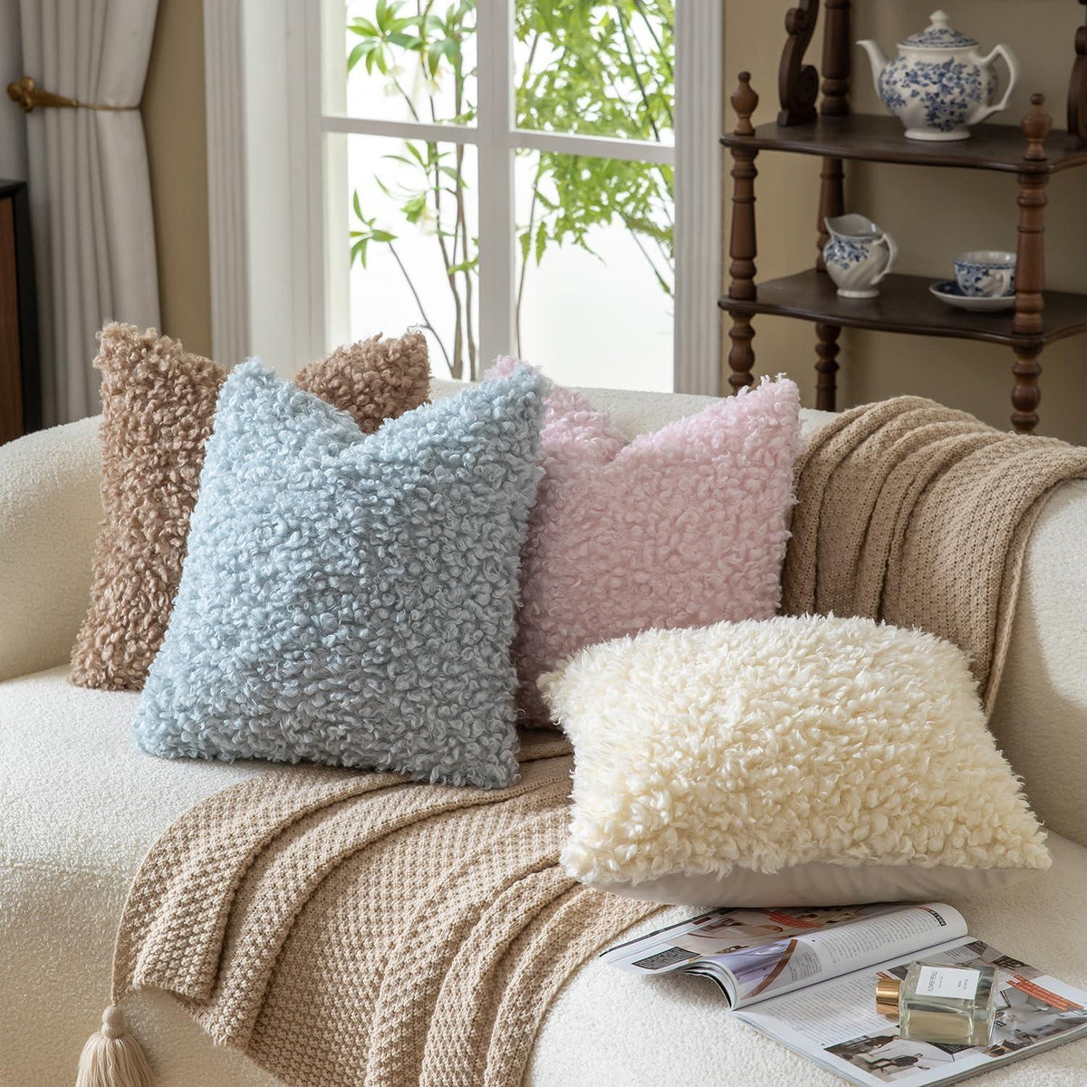 2er Set Kissenbezüge 45x45 cm Cremegelb Faux Pelz Bouclé Sherpa