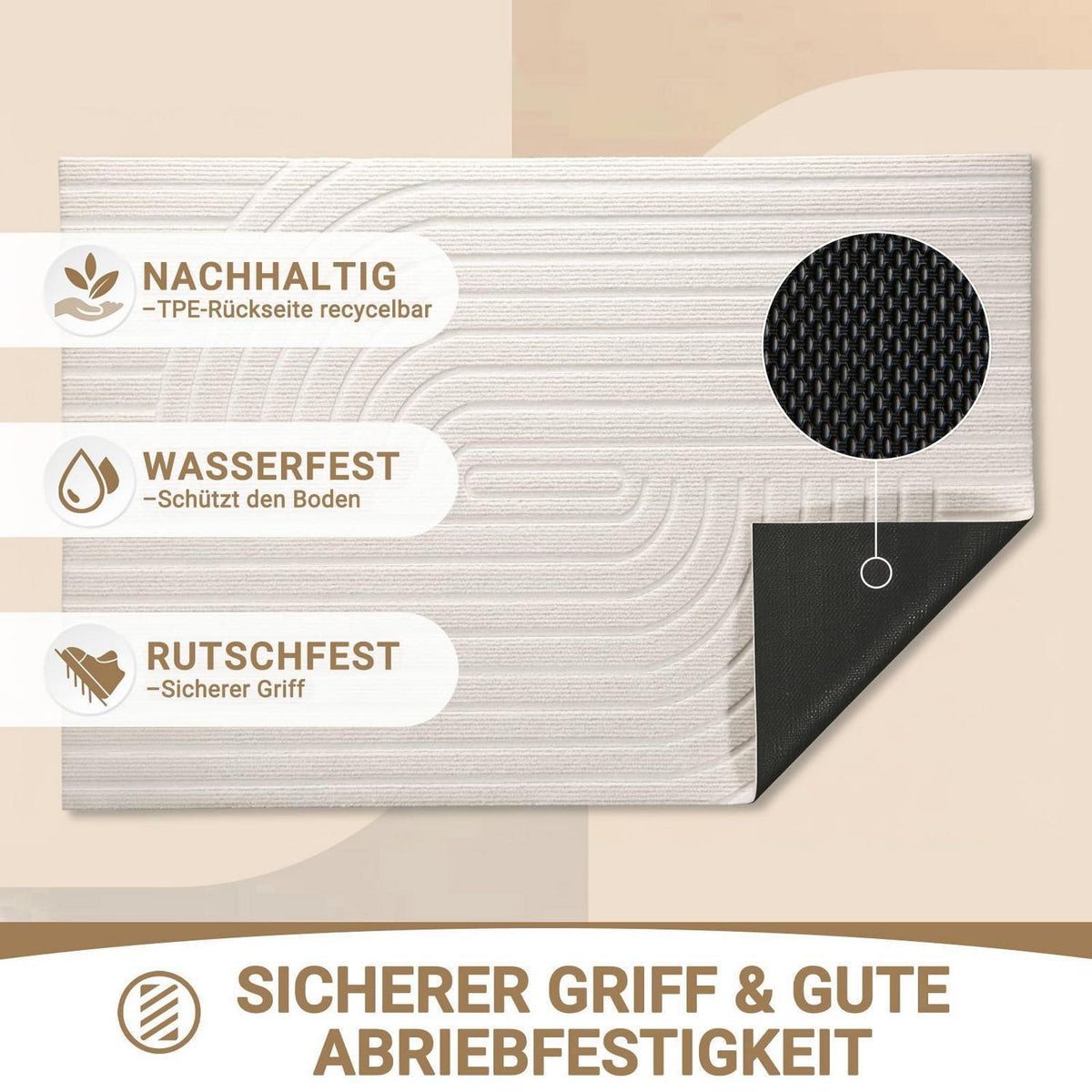 Fußmatte 50x80cm rutschfest – Elfenbein Wirbel