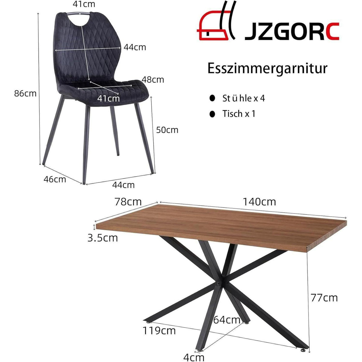 Esstisch Set 140x78cm mit 4 Esszimmerstühlen Dunkelbraun/Schwarz
