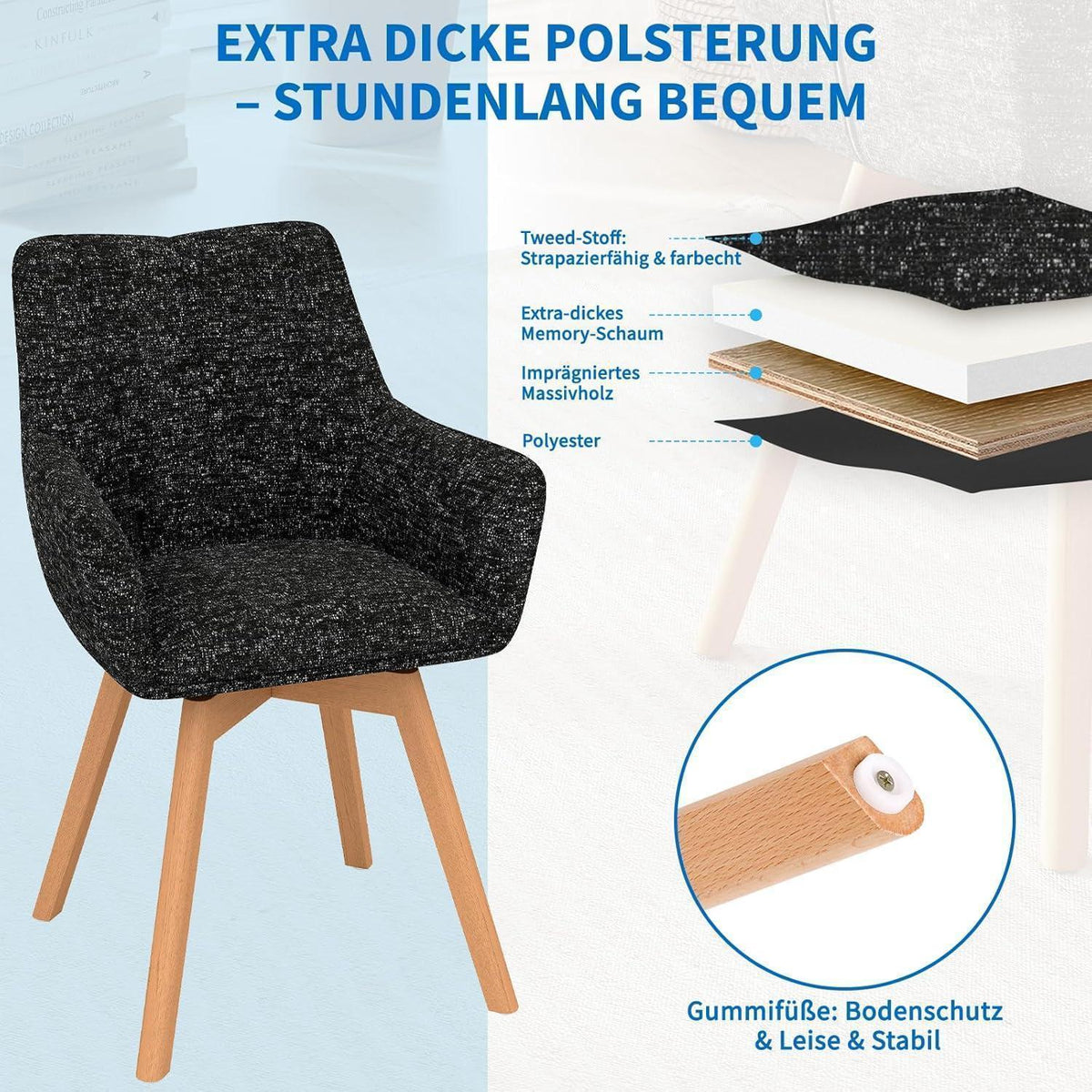 Drehbarer Esszimmerstuhl Set 6er – Schwarz, Prague Polsterstuhl