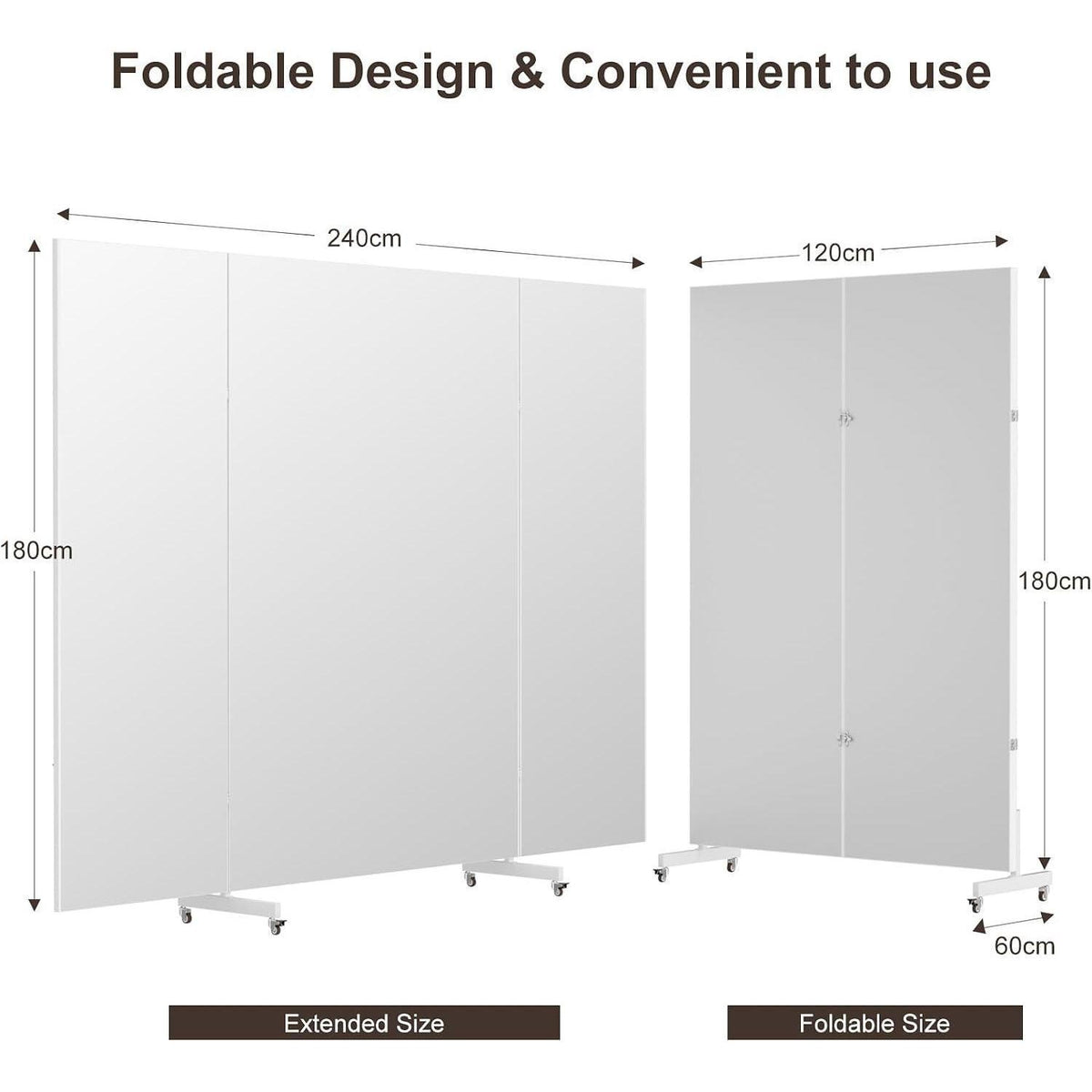 3-Fach Faltbarer Ganzkörperspiegel 240x190cm – Weiß, Standspiegel mit Rollen