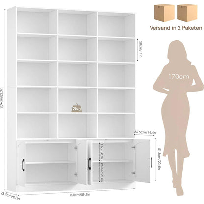 Bücherregal 209 cm mit Türen | Hochschrank 15 Fächer | Weiß