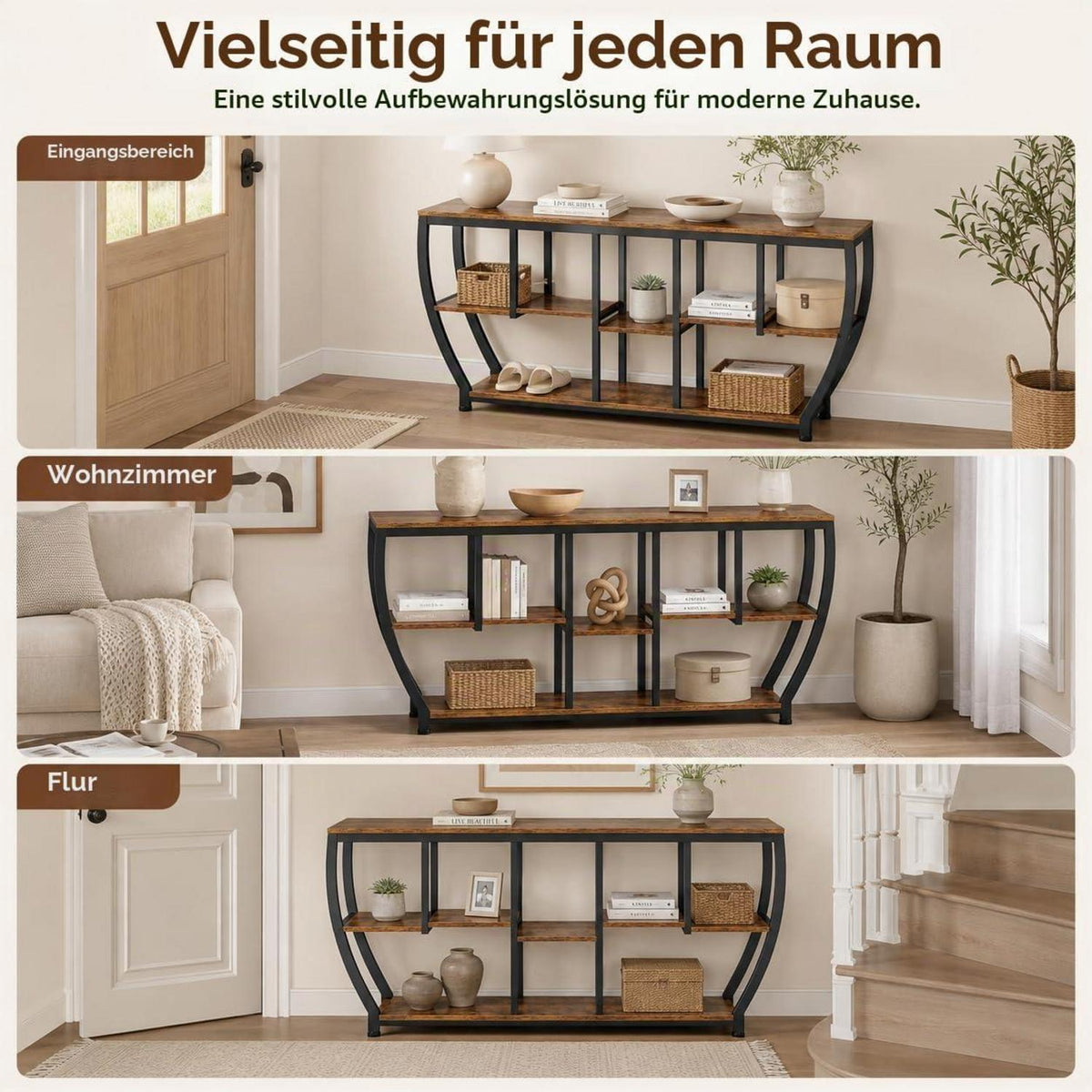 Schmaler Konsolentisch 160cm – Vintagebraun, Beistelltisch für Flur & Wohnzimmer