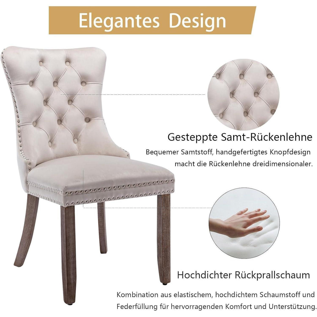 8x Samt Esszimmerstühle mit Nieten & Massivholzbeinen