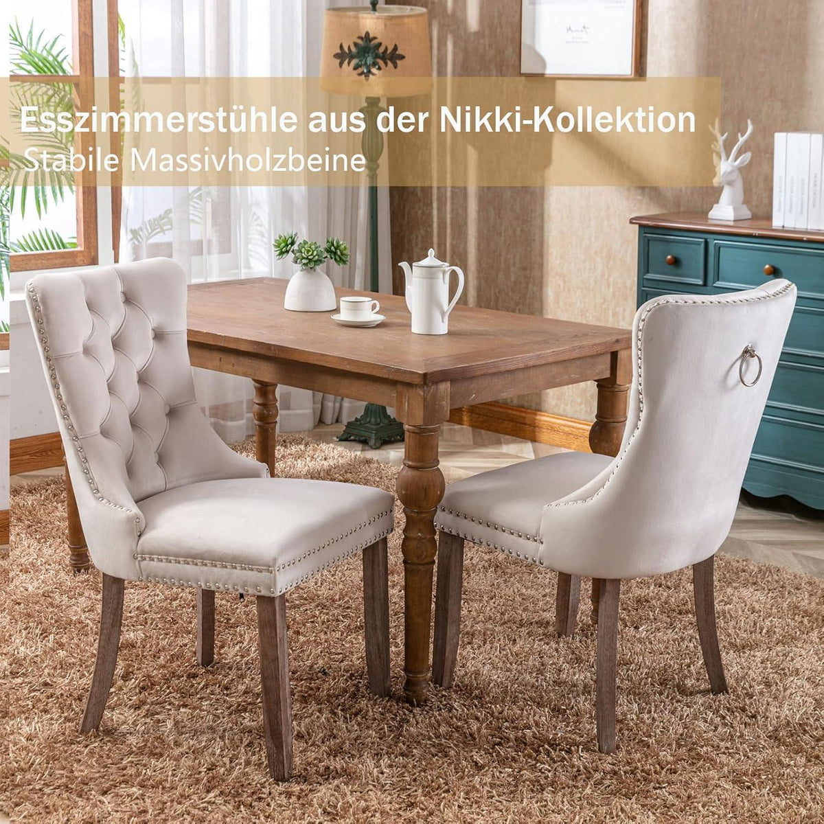 8x Samt Esszimmerstühle mit Nieten & Massivholzbeinen