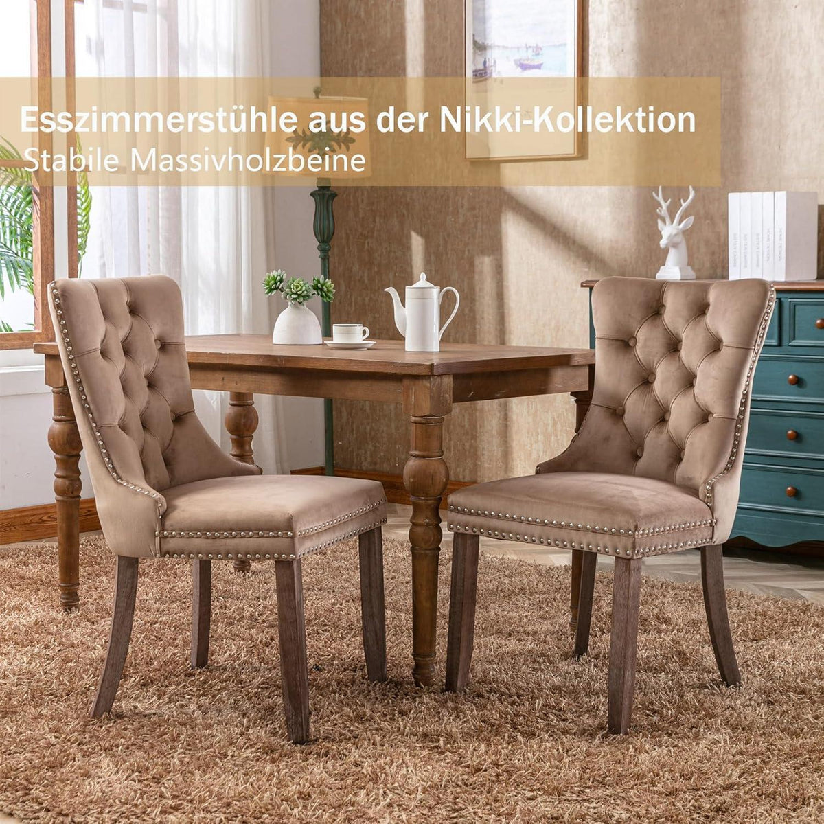 Gepolsterte Esszimmerstühle 2er-Set, Samt & Massivholz