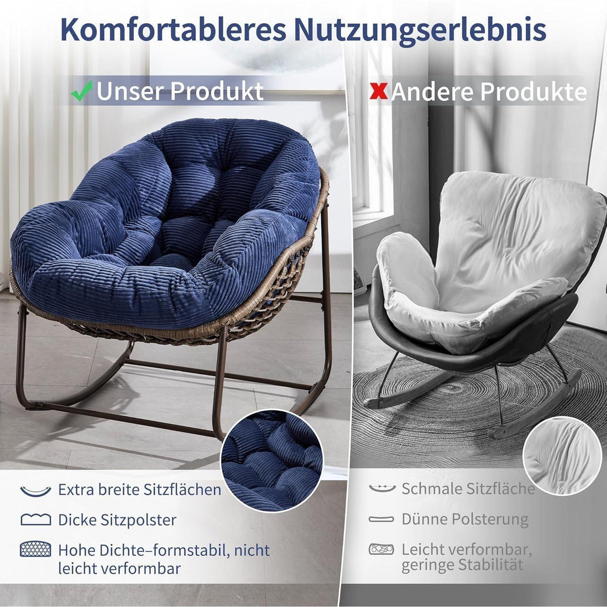 Überdimensionaler Papasan Schaukelstuhl Blau