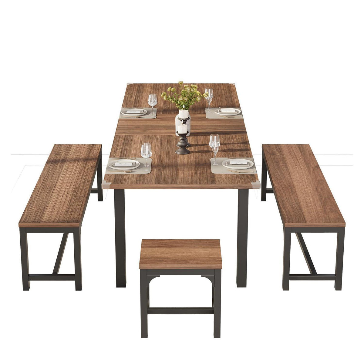 Ausziehbarer Esstisch Set mit Bänken | Industrial Dining Gruppe Walnuss