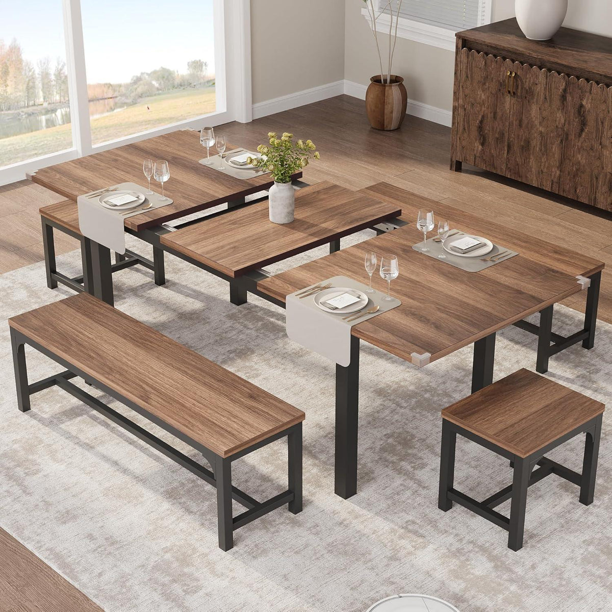 Ausziehbarer Esstisch Set mit Bänken | Industrial Dining Gruppe Walnuss