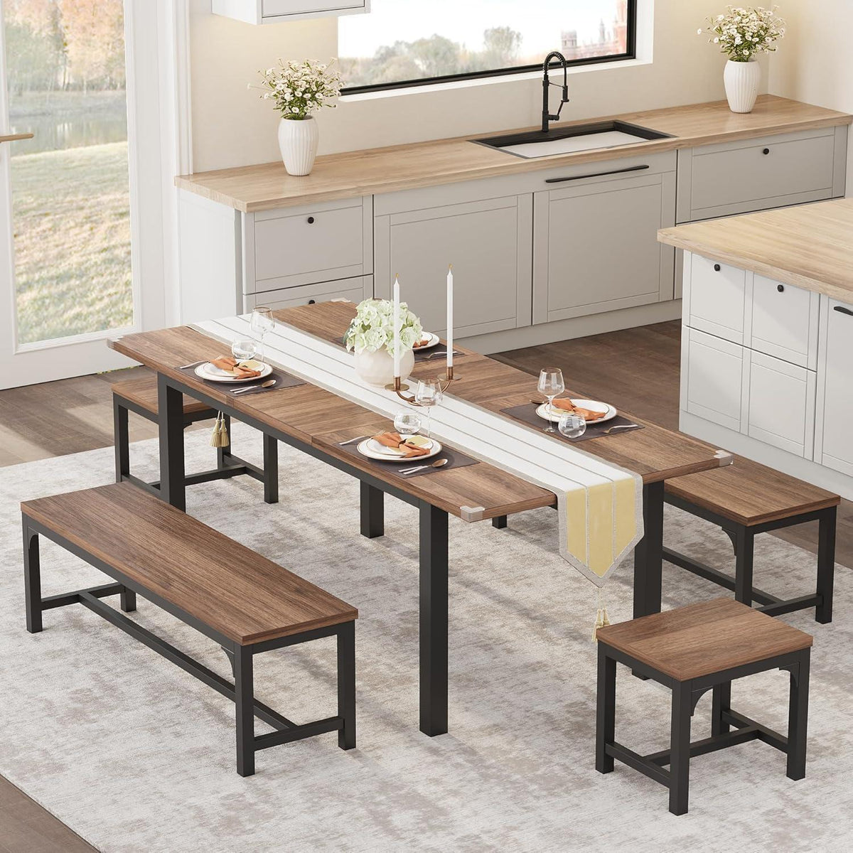 Ausziehbarer Esstisch Set mit Bänken | Industrial Dining Gruppe Walnuss