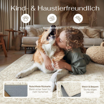Creme Teppich Wohnzimmer 200x300cm – Waschbar & Rutschfest