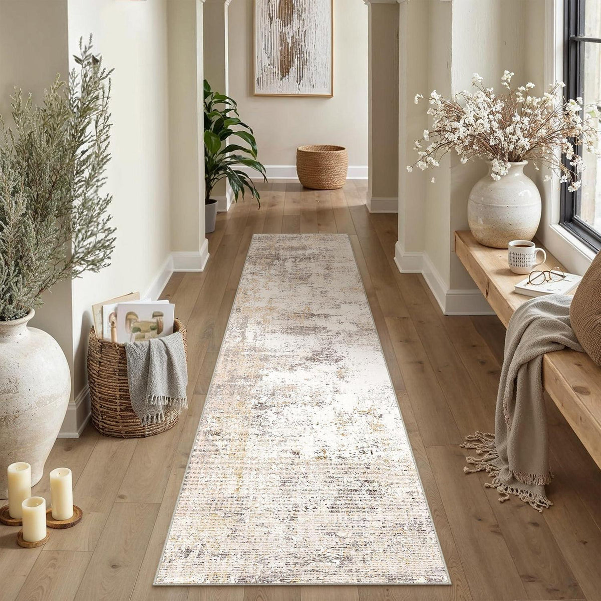 Läufer Flur Teppich Beige Grau 80x400cm Waschbar Modern
