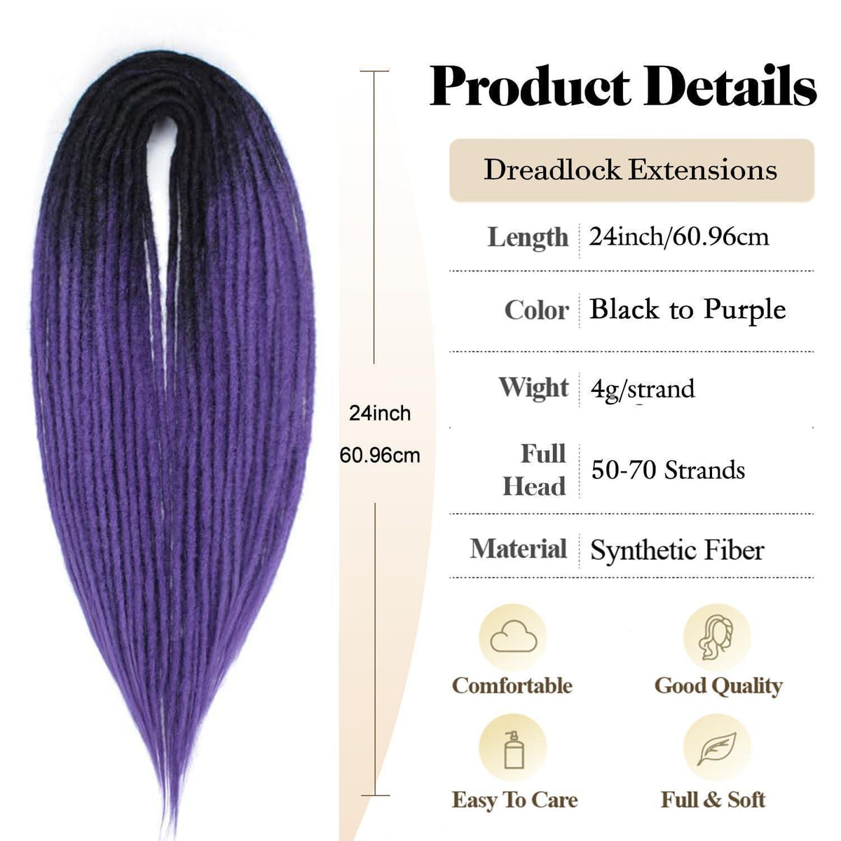 24 Zoll Dreadlock Extensions – Handgefertigte Locs Schwarz Lila