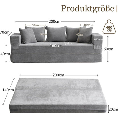 Schlafsofa 200x140cm mit 5 Kissen – Grau, Bequem & Flexibel