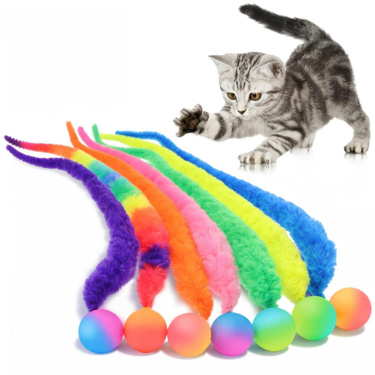 7-teiliges Katzenspielzeug-Set: Interaktive Würmer & Hüpfbälle