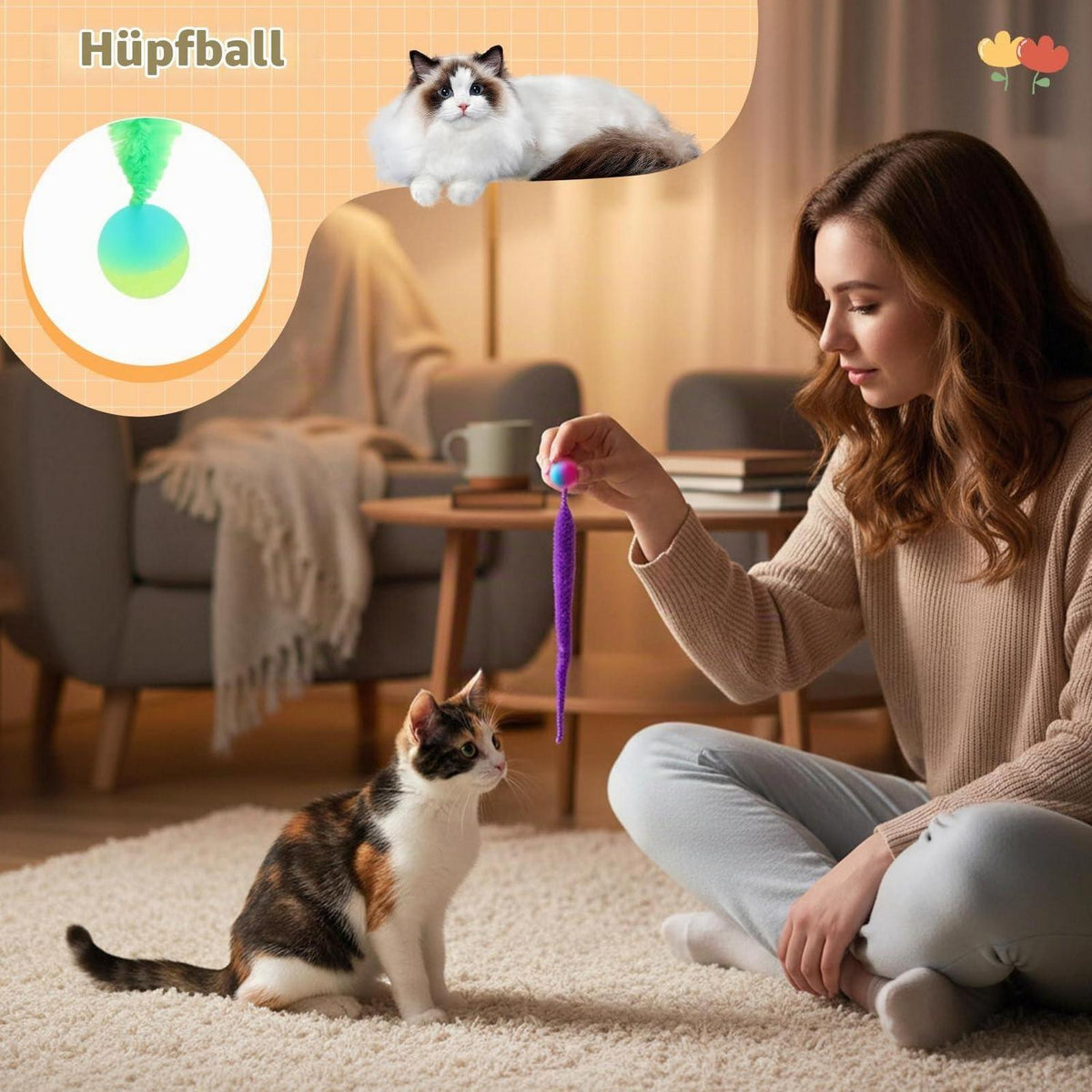 7-teiliges Katzenspielzeug-Set: Interaktive Würmer & Hüpfbälle