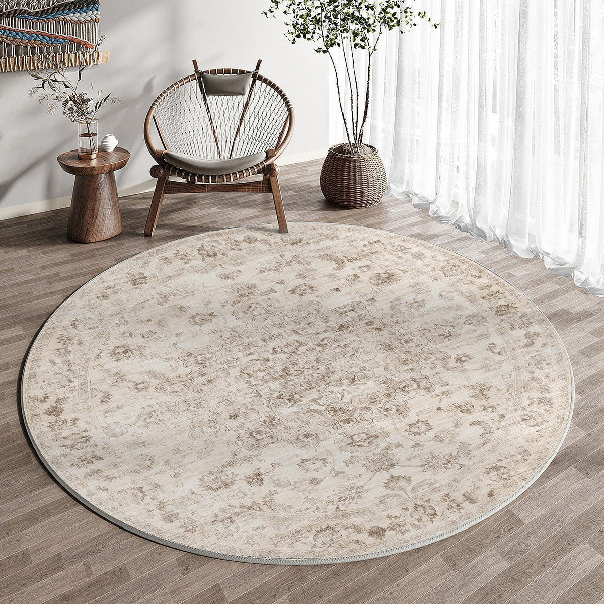 Runder Vintage Teppich 240cm Beige Waschbar – Wohnzimmer Teppich