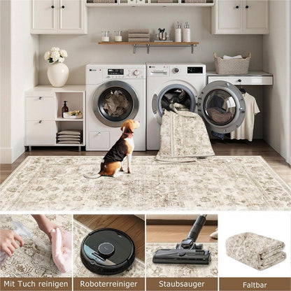 Runder Vintage Teppich 240cm Beige Waschbar – Wohnzimmer Teppich