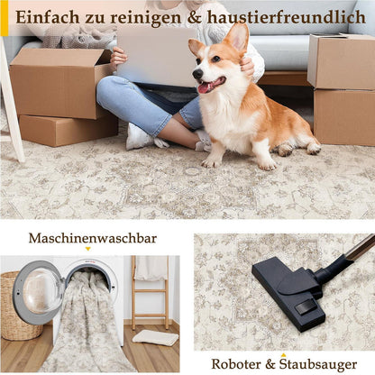 Runder Vintage Teppich Beige 240cm Waschbar & Rutschfest