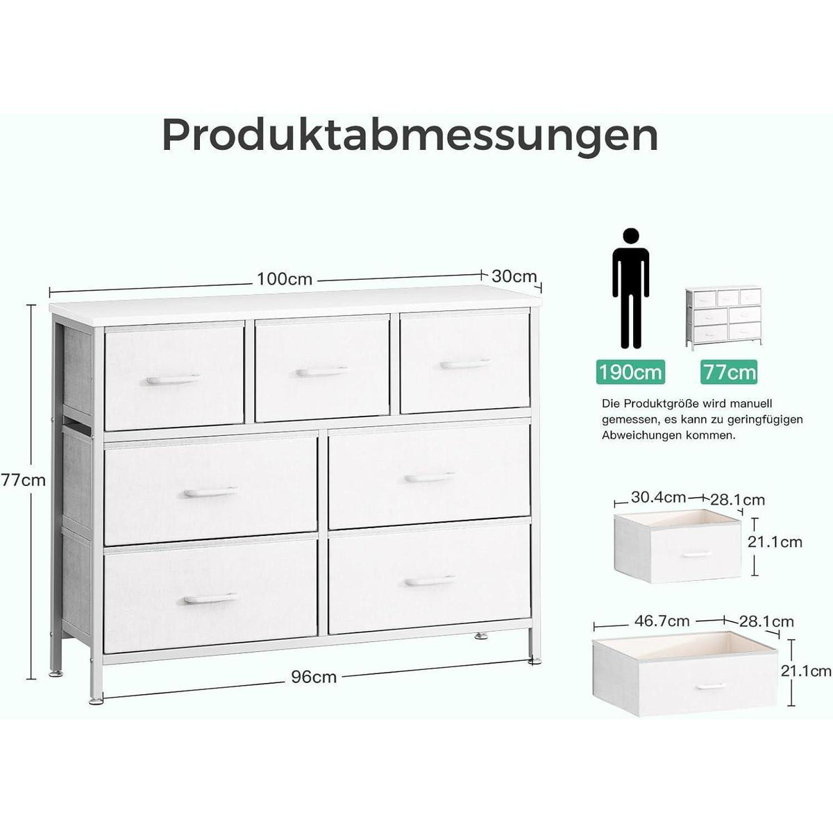 Kommode mit 7 Stoffschubladen, Stahlrahmen, Weiß