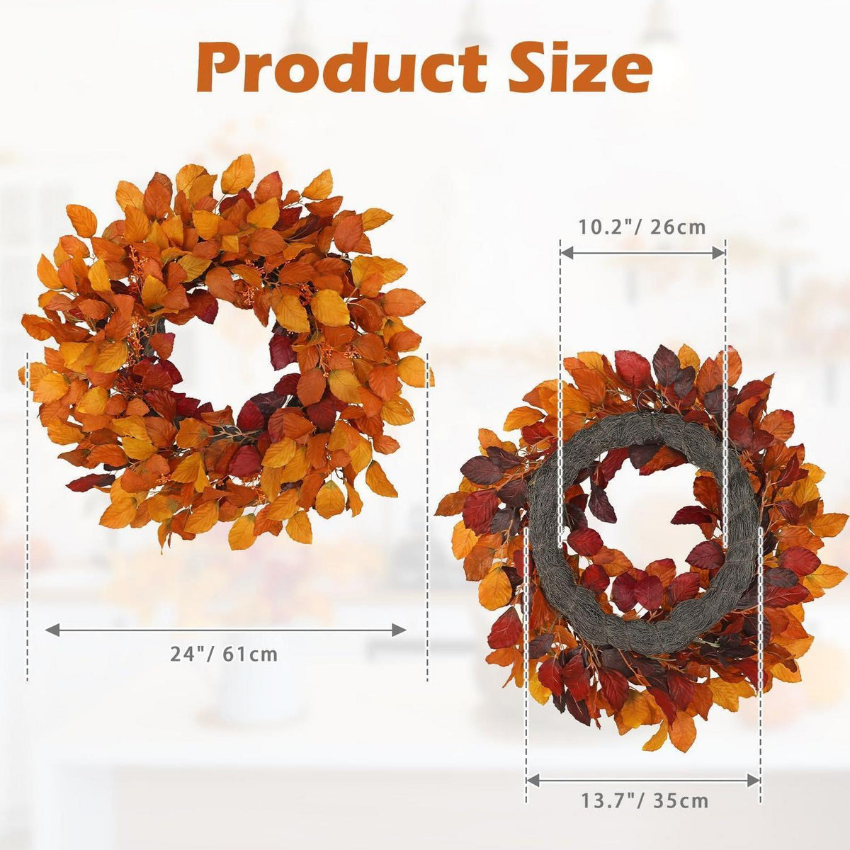 Künstlicher Herbstkranz 61cm mit Laub & Beeren, Burgunderrot