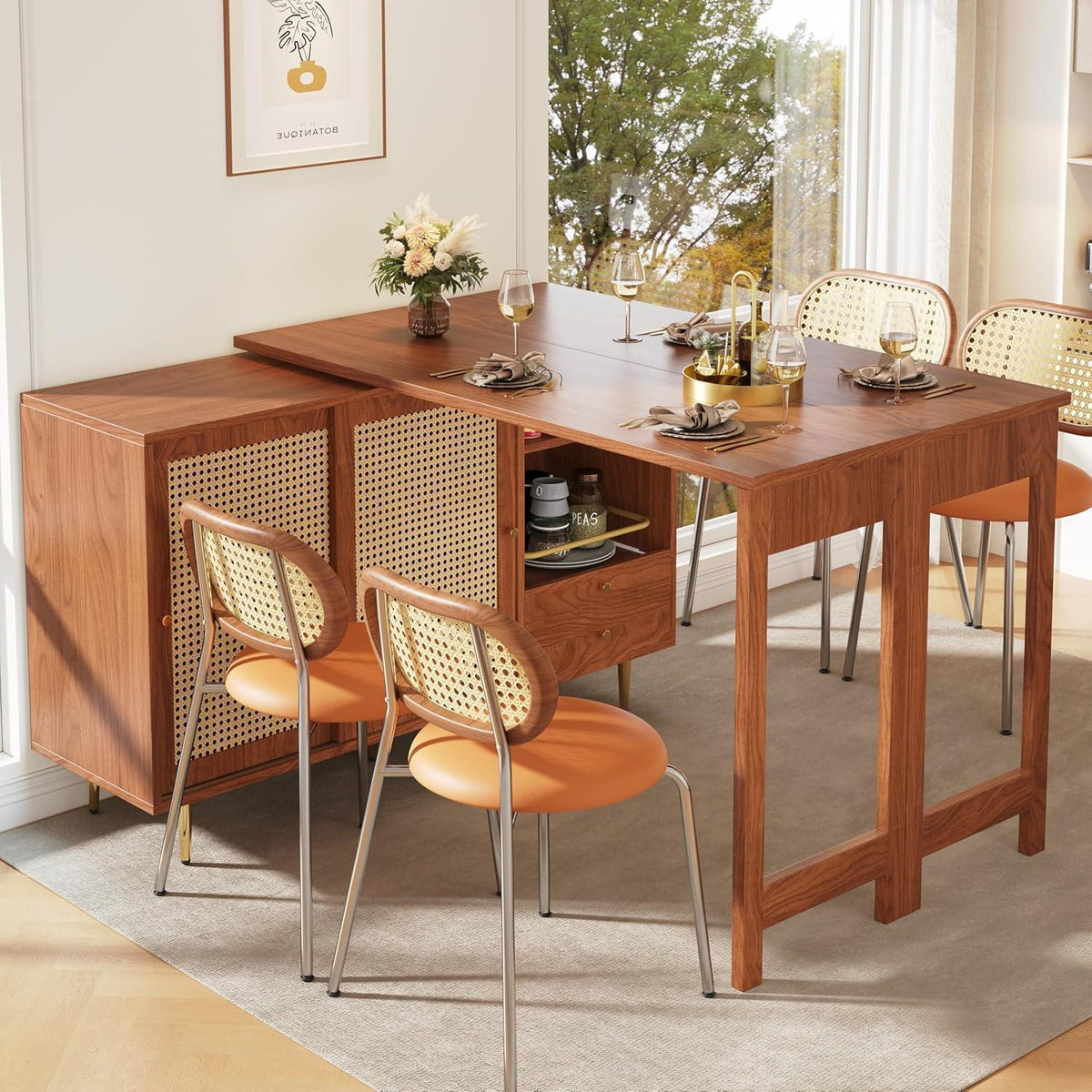 Drehbarer Esstisch mit Schrank & Rattan – Längverstellbar 120-187 cm
