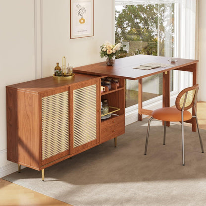 Drehbarer Esstisch mit Schrank & Rattan – Längverstellbar 120-187 cm