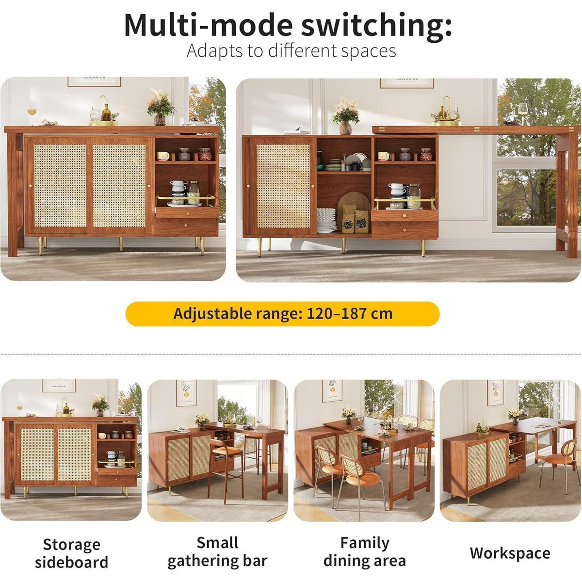 Drehbarer Esstisch mit Schrank & Rattan – Längverstellbar 120-187 cm