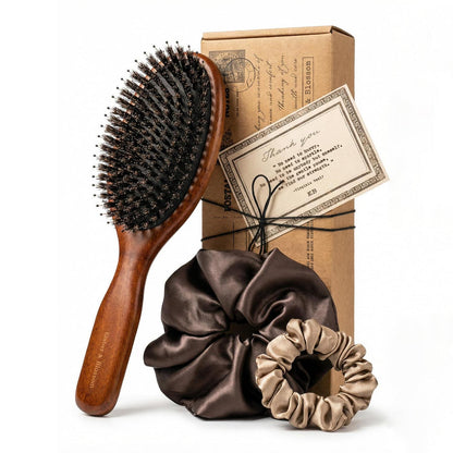 Wildschweinborsten Haarbürsten Set mit Satin Scrunchies & Geschenkbox